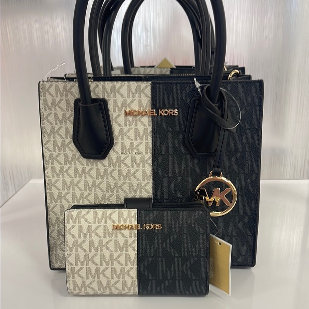 Michael Kors Mercer Medium Two-Tone Logo Messenger & MK JST Md Bifold Zip Wallet